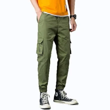 Hip hop overalls cotton band foot no elastic tether mid waist multi-pocket solid color loose nine points trousers free shipping