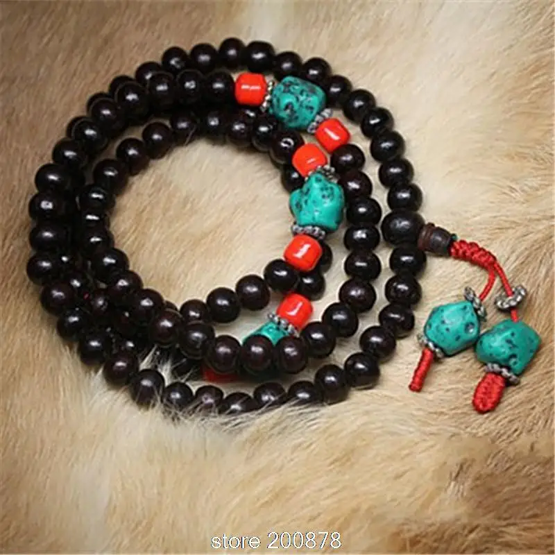 

BRO876 Natural Ebony 8mm Bracelets For Man Tibetan 108PCS Black Sandalwood Prayer Mala Necklace With Turquoises