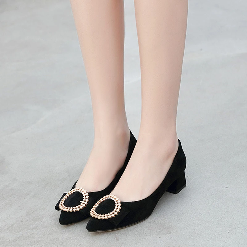 

HEEGRAND Women Shoes Mid-Heeled Pointed Toe Pumps Spring 2019 Fashion Solid Metal Round Buckle Slip on Lady Casual Shoes XWD7611