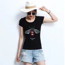 

Women Tops for Summer High quality Women Rhinestone T shirt Bee crystal Women Top Tees plus size short sleeve