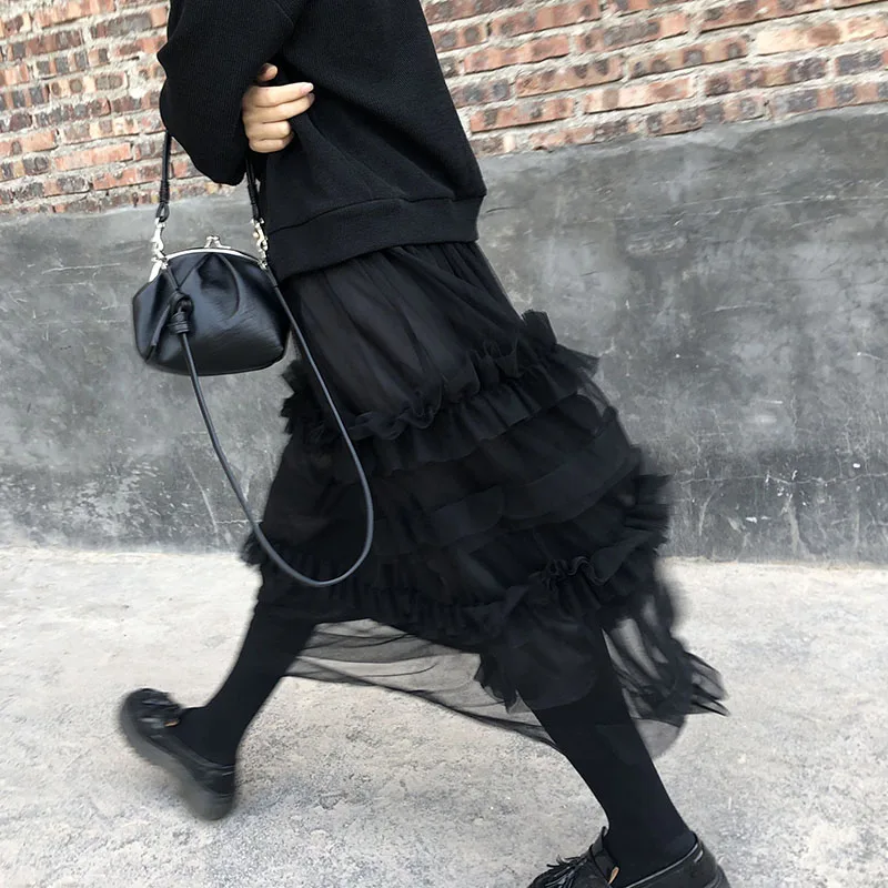 Длинная Тюлевая юбка в стиле Харадзюку, винтажная Женская юбка макси, эластичная плиссированная юбка-пачка с высокой талией, женская модная юбка - Цвет: Черный