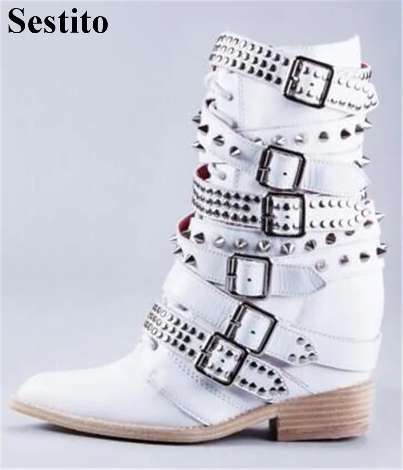 

Newest Fashion White Rivet Short Boots Ankle Boots For Women Spring/Autumn Pointed Toe LowSquare Heel Zip Buckle Ladies Shoes