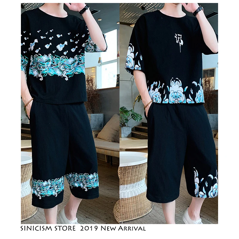 Sinicism Store Tracksuit Men's Set 2019 Vintage Men Harajuku Tracksuite Kimono Short 2 Piece Set Summer Clothes For Men Oversize