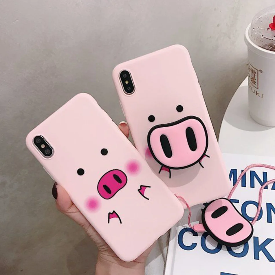 Fashion Cartoon Lovely Pig Phone Case For iPhone 7 8 6 6s Plus XS MAX XR X Cute Nose Lanyard Soft TPU Cover Coque Fonda |