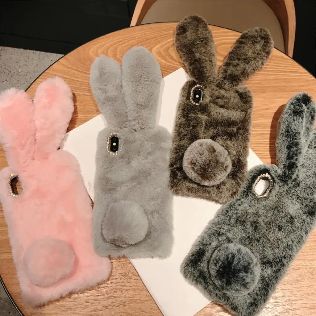 

Cute Rabbit Ears Fluffy Case For iPhone X XS Max XR 8 7 6 5 6s 5s Plus Bunny Plush Fur Soft Silicone Leopard Diamond Cover Funda