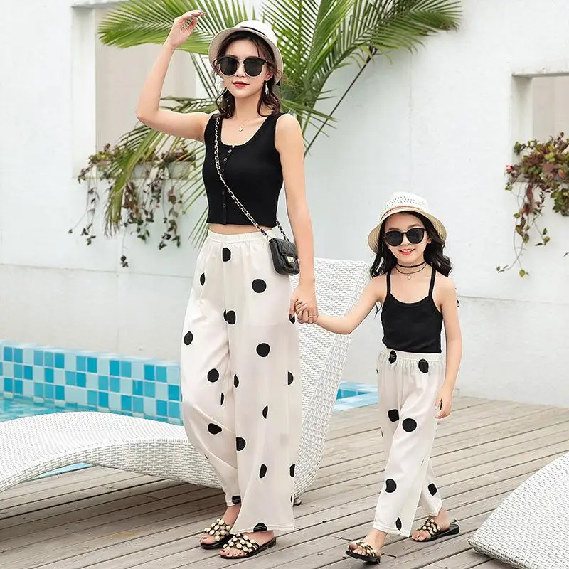 Летние одинаковые Семейные шифоновые штаны с высокой талией в богемном стиле с цветочным принтом для мамы и дочки пляжные костюмы - Цвет: C4
