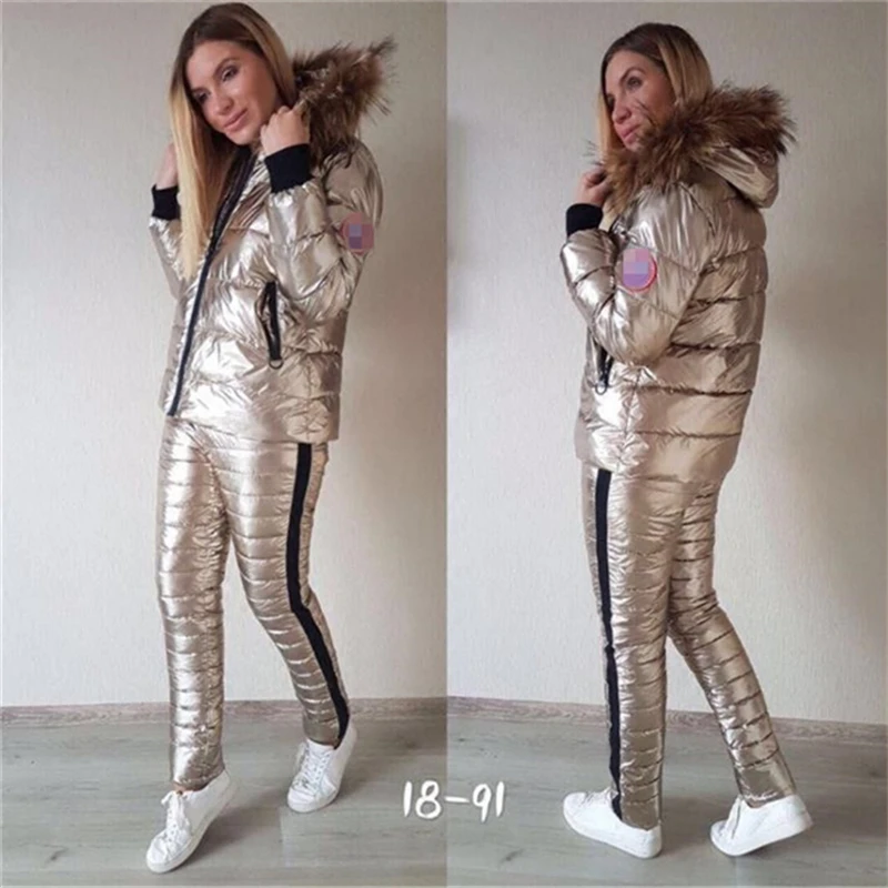 silver Ensembles Longue Parka En Casual 2 silver Zipper Chaud Champagne À Ensemble Survêtement Argent Nouveau Manteau Veste Femmes rose Gold Métal Pièce Gray Rembourré Deux Coton Capuchon Pantalon Eq46HAZ