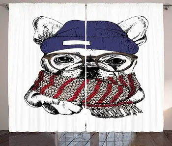 

Bulldog Curtains Hand Drawn Style Portrait of Cozy Winter Dog Wearing a Scarf Beanie and Glasses Living Room Bedroom Window