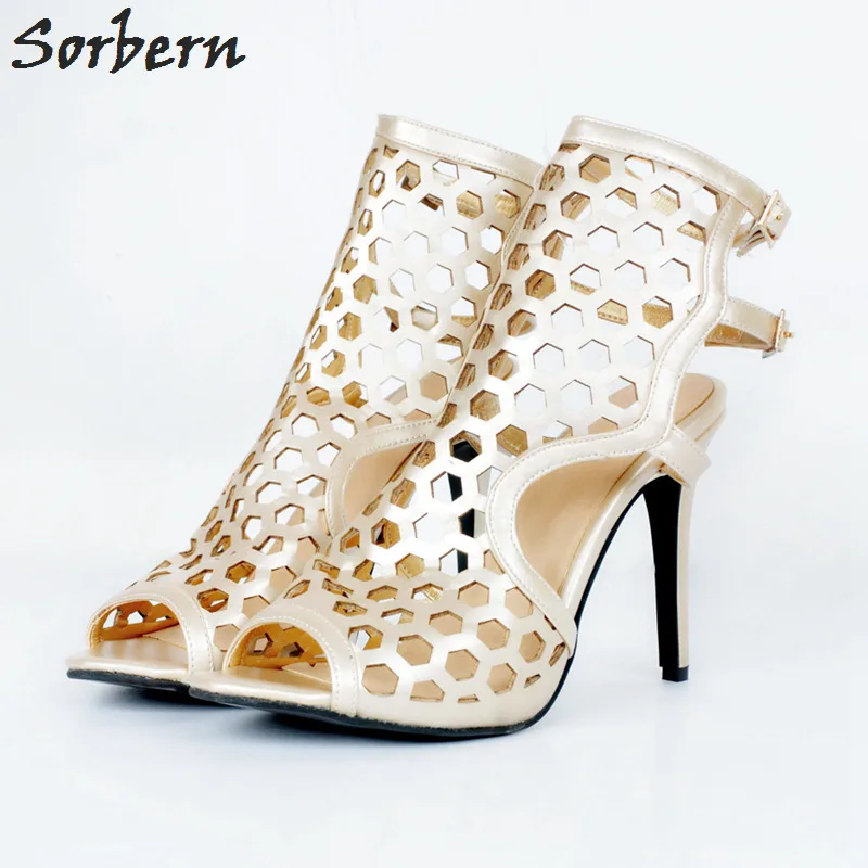 

Sorbern Gold PU Women Sandals Plus Size High Heels Hollow Side Buckle Strap Sandalias Mujer 2017 Sandals Women Ladies Shoes