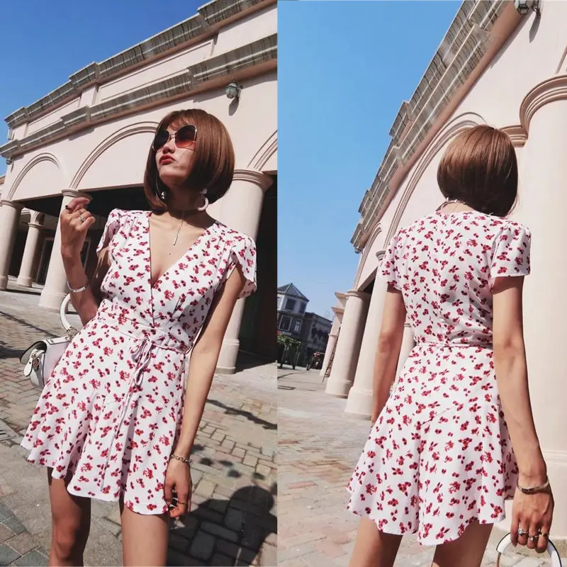 yinlinhe White Floral Playsuit Women Short Sleeve V neck Sexy Summer Playsuit Sash Slim Waist Elegant Short Jumpsuit Overall 2