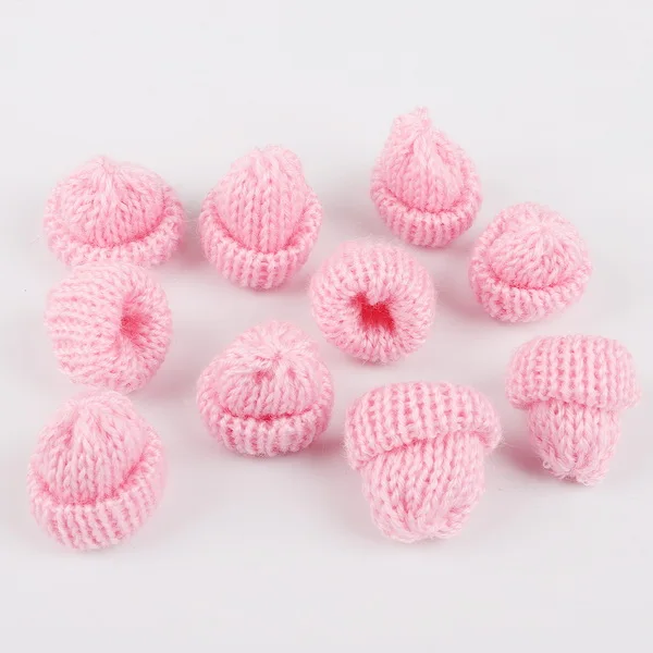 10PCS Mini Sweet Knitting Wool Hat Candy Color DIY Kids Hair Accessories Handmade Cute Woolen Yarn Hat for Clothing Decoration - Color: Pink