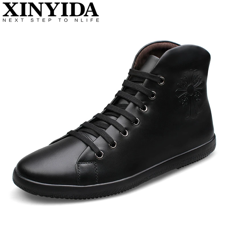 

High Quality Genuine Leather Men Skateboard Shoes Lace Up Warm Plush Casual Winter Shoes Fashion Men Flats Shoes Plus Size 37-47