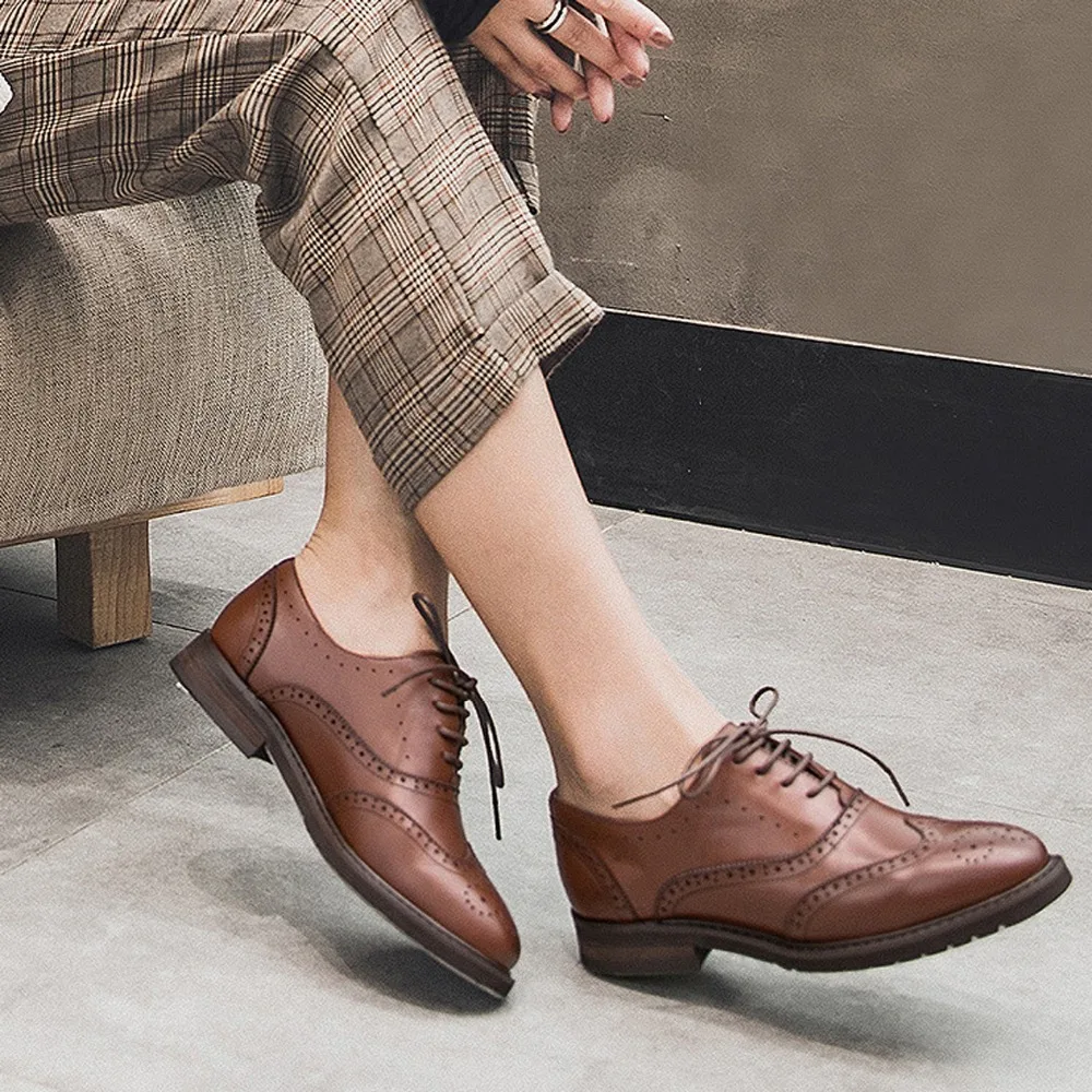 

Genuine Cow Leather Women Flats Female Loafers Casual British Handmade Rubber Cross-tied Solid Shoes For Women 34-42 Lace-up19