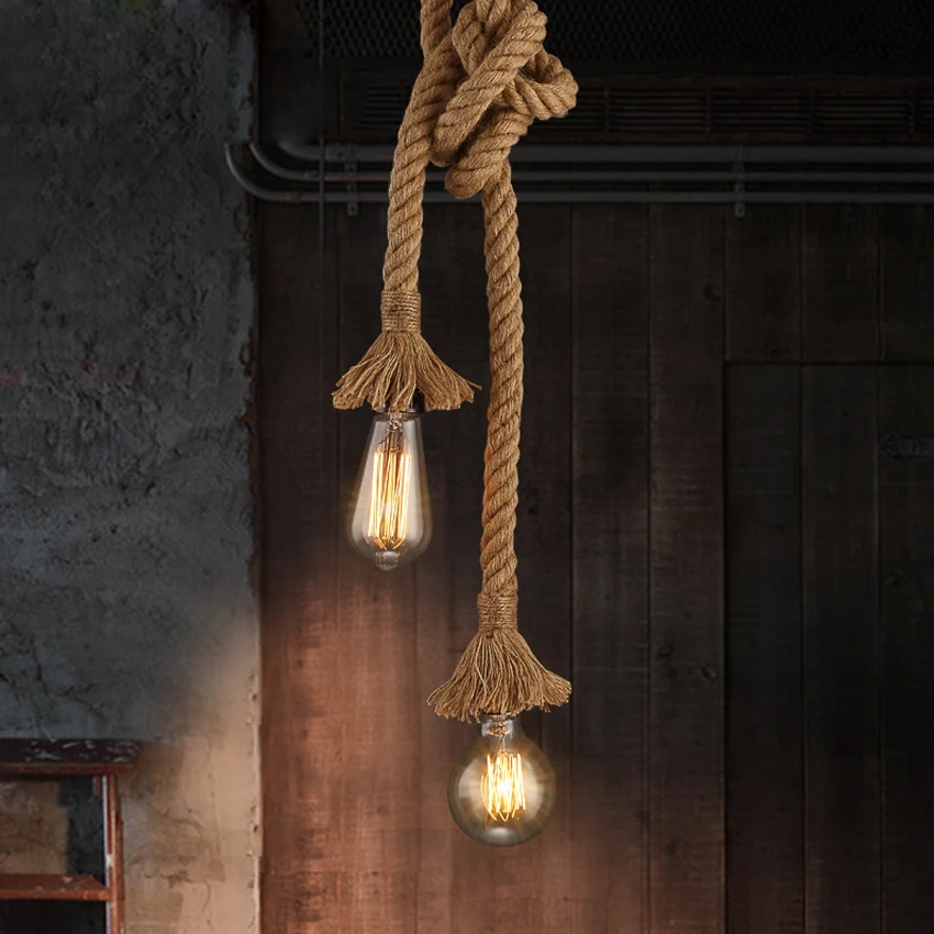 

Two head Creative Personality Rope Pendant Lights Vintage Restaurant Lamp Dining room pendant lamps hemp rope lighting