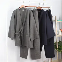 Для мужчин японские кимоно пижамы комплект халат хлопок теплый топ и штаны Мягкие утолщаются толстый костюм