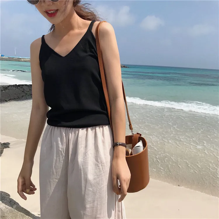 Корейский трикотажный топ с v-образным вырезом, сексуальные Camis Harajuku, модные простые шикарные летние топы, элегантные тонкие черные красные топы без рукавов для женщин