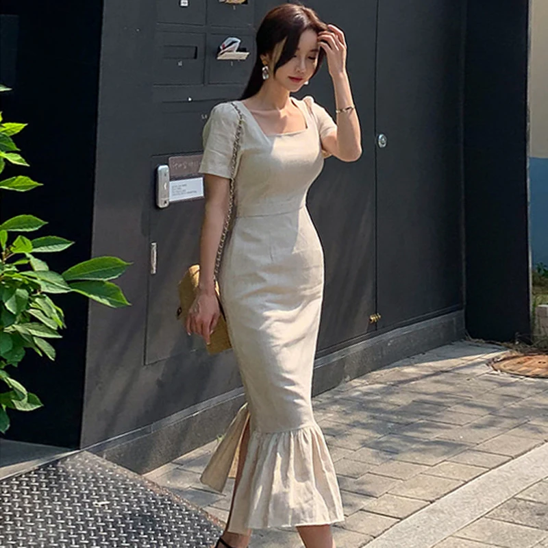 Лето корейский стиль элегантный женское льняное платье с квадратным вырезом Империя короткий рукав винтажное облегающее платье Русалка