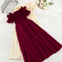 Женское платье-пуловер с вырезом лодочкой и коротким Расклешенным рукавом с открытыми плечами повседневное клетчатое эластичное приталенное плиссированное платье с высокой талией и оборками