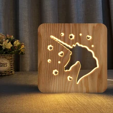 Единорог деревянная основа настольные лампы 3D ночной Светильник Единорог Оптическая иллюзия ночной Светильник креативный деревянный теплый светильник USB лампа низкой мощности