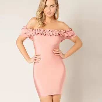 

bandage dress celebrity pink sexy mini Appliques short slash neck off the shoulder party low bosom lady dresses