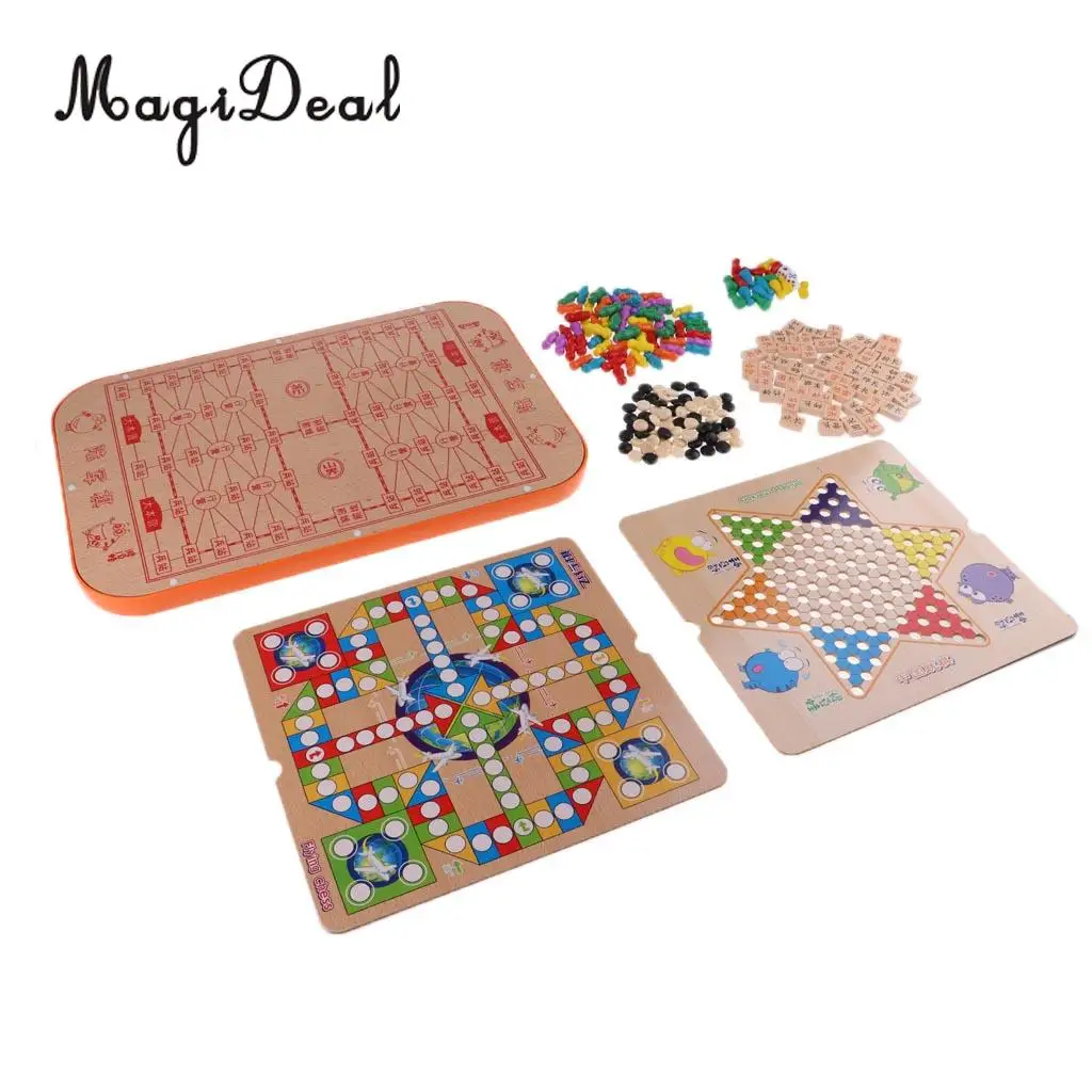 6 In 1 Wooden Chess Pieces Game Board Chinese Checkers Gobang Stratego for Kids Adults Entertainment