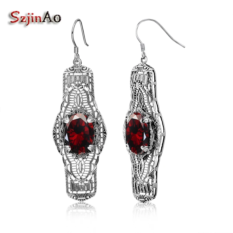 Szjinao Luxury Design Victorian Hanging Earrings Red Stone Soild 925 Sterling Silver Crystal Earrings Fashion Women Earrings