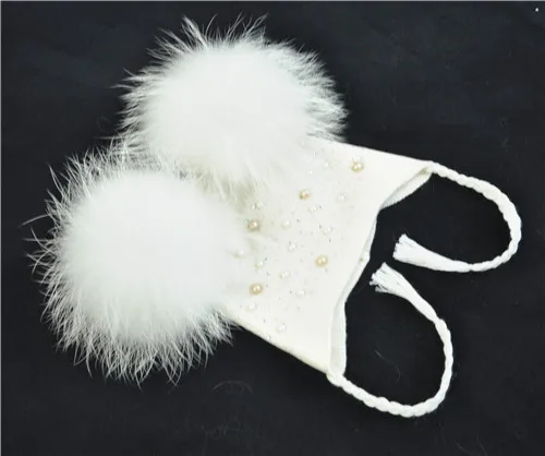 Детская теплая зимняя шапка с двойным меховым помпоном, вязаная шерстяная шапка для маленьких мальчиков и девочек, Шапка-бини с помпонами из натурального меха енота - Цвет: White match fur