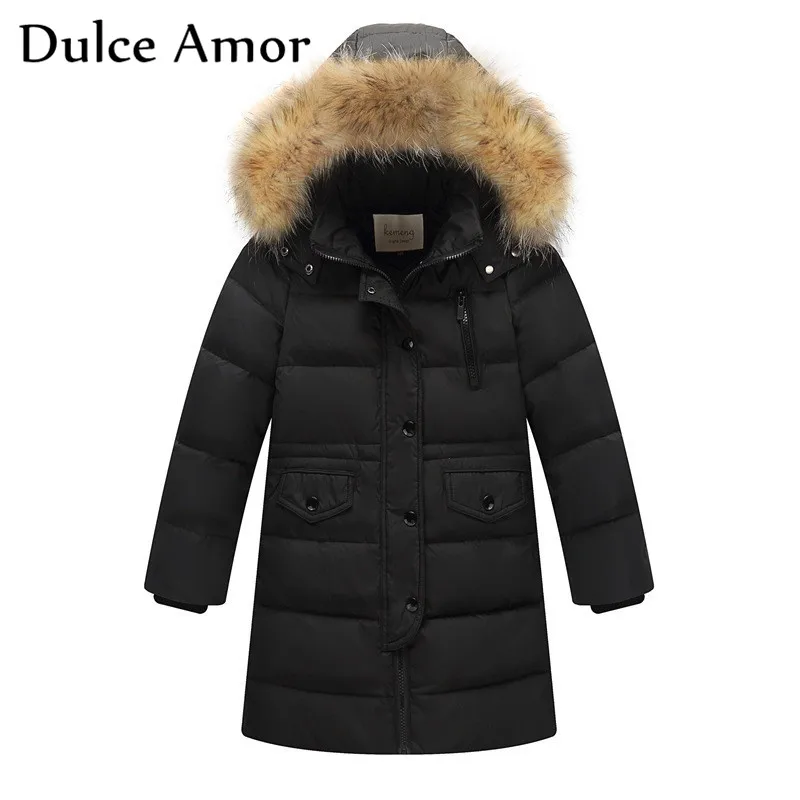 Dulce Amor/детский зимний пуховик г. Теплая плотная парка с капюшоном и воротником из натурального меха, верхняя одежда пуховое пальто белого цвета для От 3 до 12 лет - Цвет: Черный