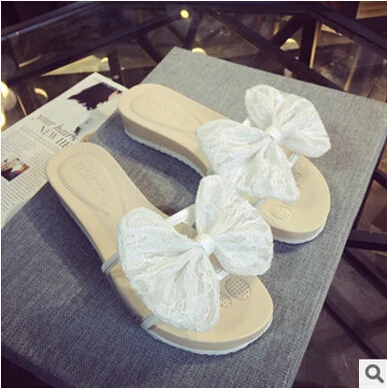 2015 Female Slippers Summer Fashion Korean Princess BOW LACE Women's Flat Thick Bottom Waterproof Sandals | Обувь