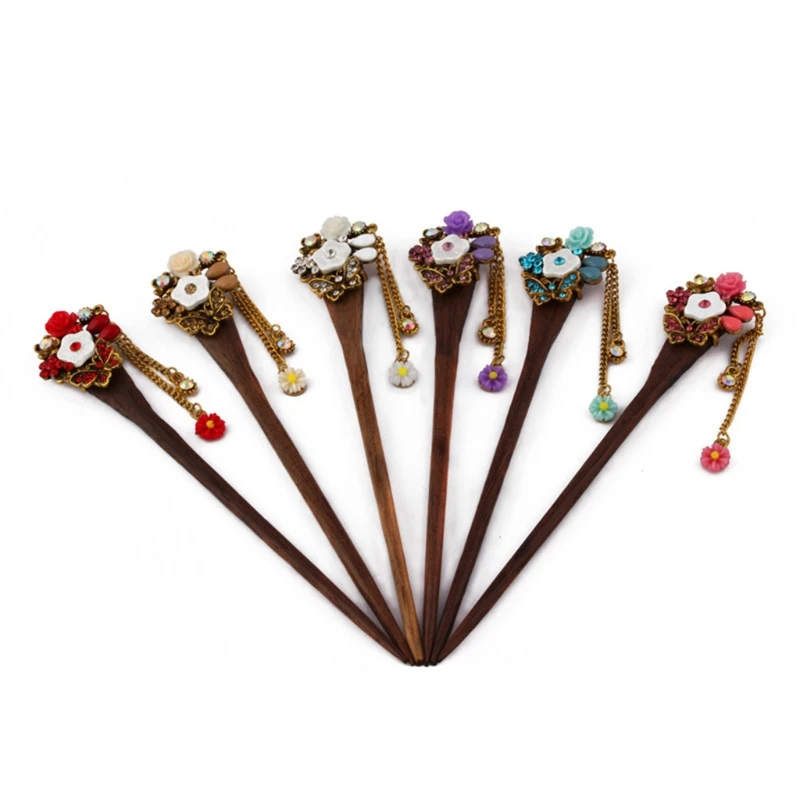 

New Stylish Vintage Women Wooden Hair Stick Pin Handmade Rhinestone Flower Wood