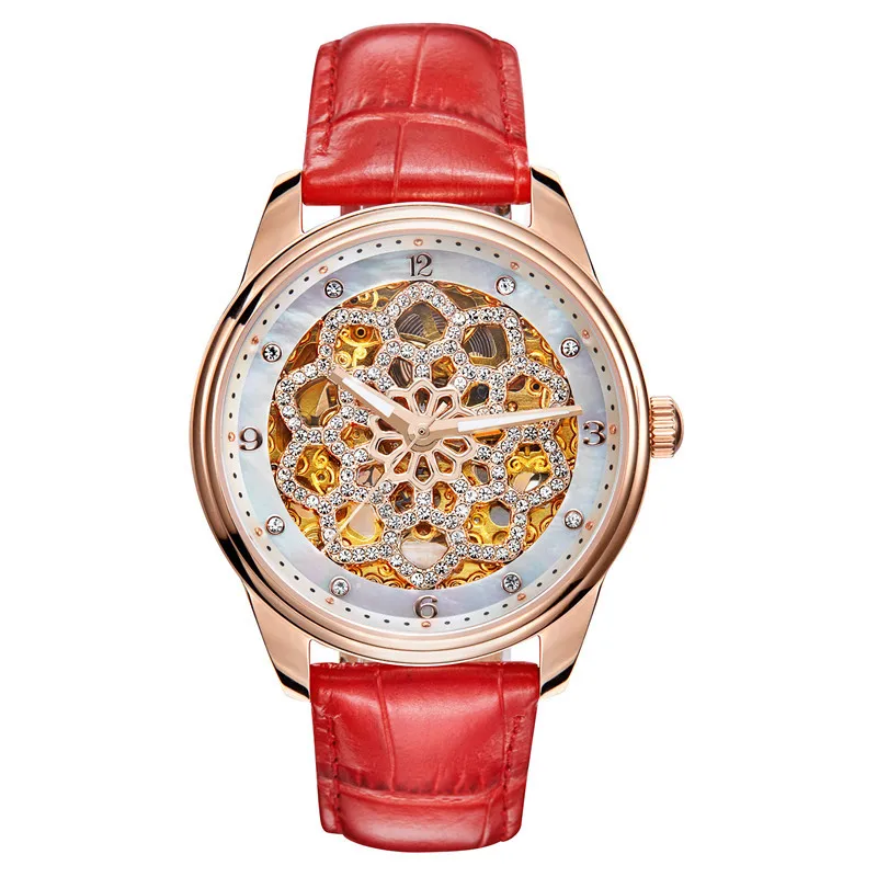 Роскошные романтические цветочные часы со скелетом, автоматические женские часы из натуральной кожи, механические наручные часы, Сияющие кристаллы, аналоговые часы