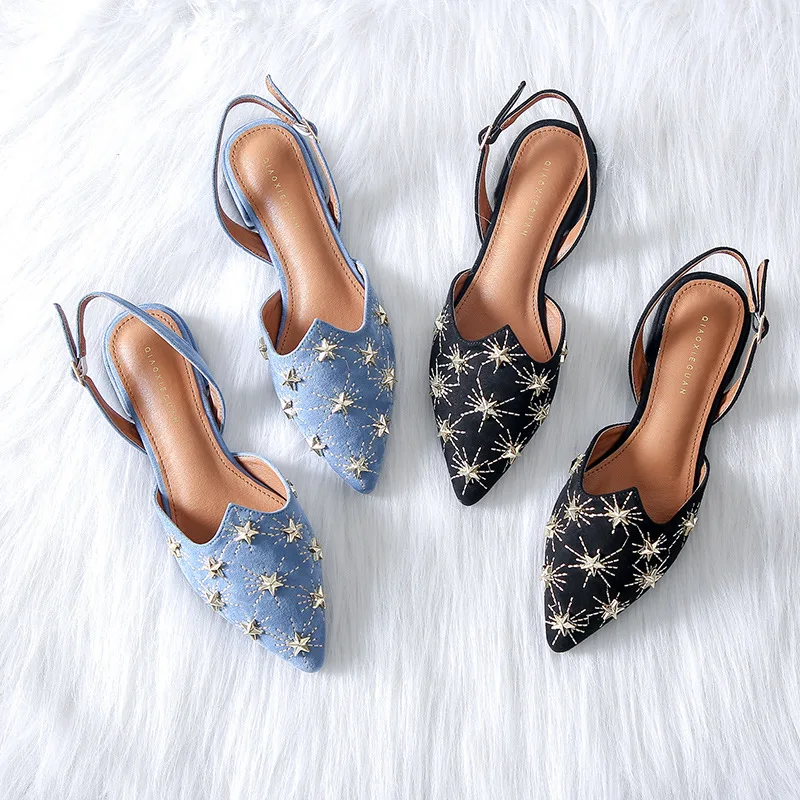 

designer pointed toe embroider flat sandals women brand new rivets decoration gladiator sandalias back strap sandalhas