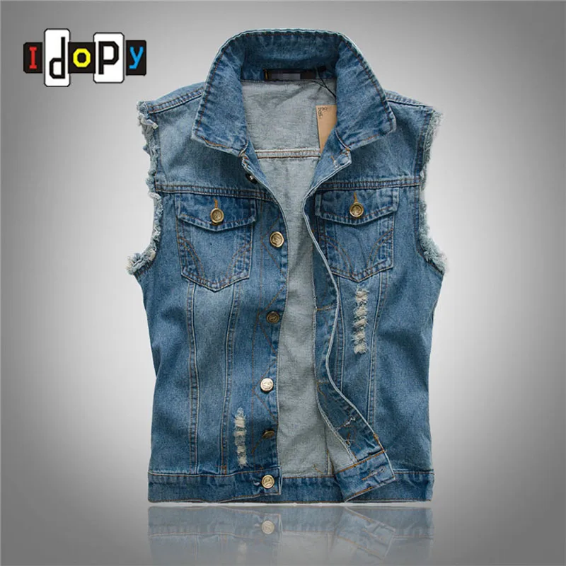 

2018 Summer New Men`s Slim Fit Denim Vest Washed Vintage Ripped Distressed Motorcycle Jeans Sleeveless Jacket