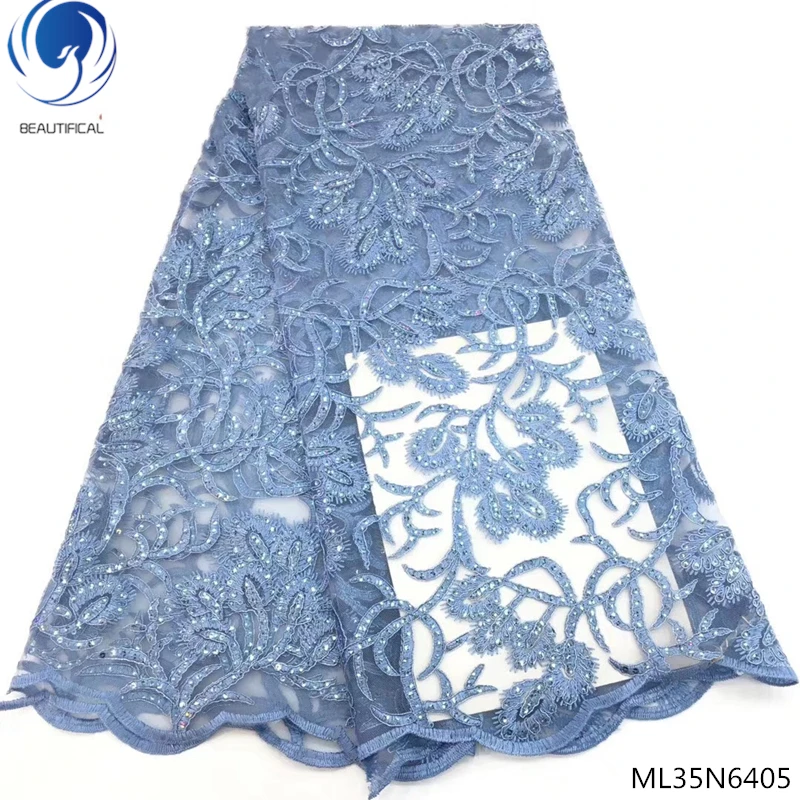 

Beautifical african net laces fabrics with beads 2019 new design tulle lace fabrics with sequins for women 5yards/lot ML35N64