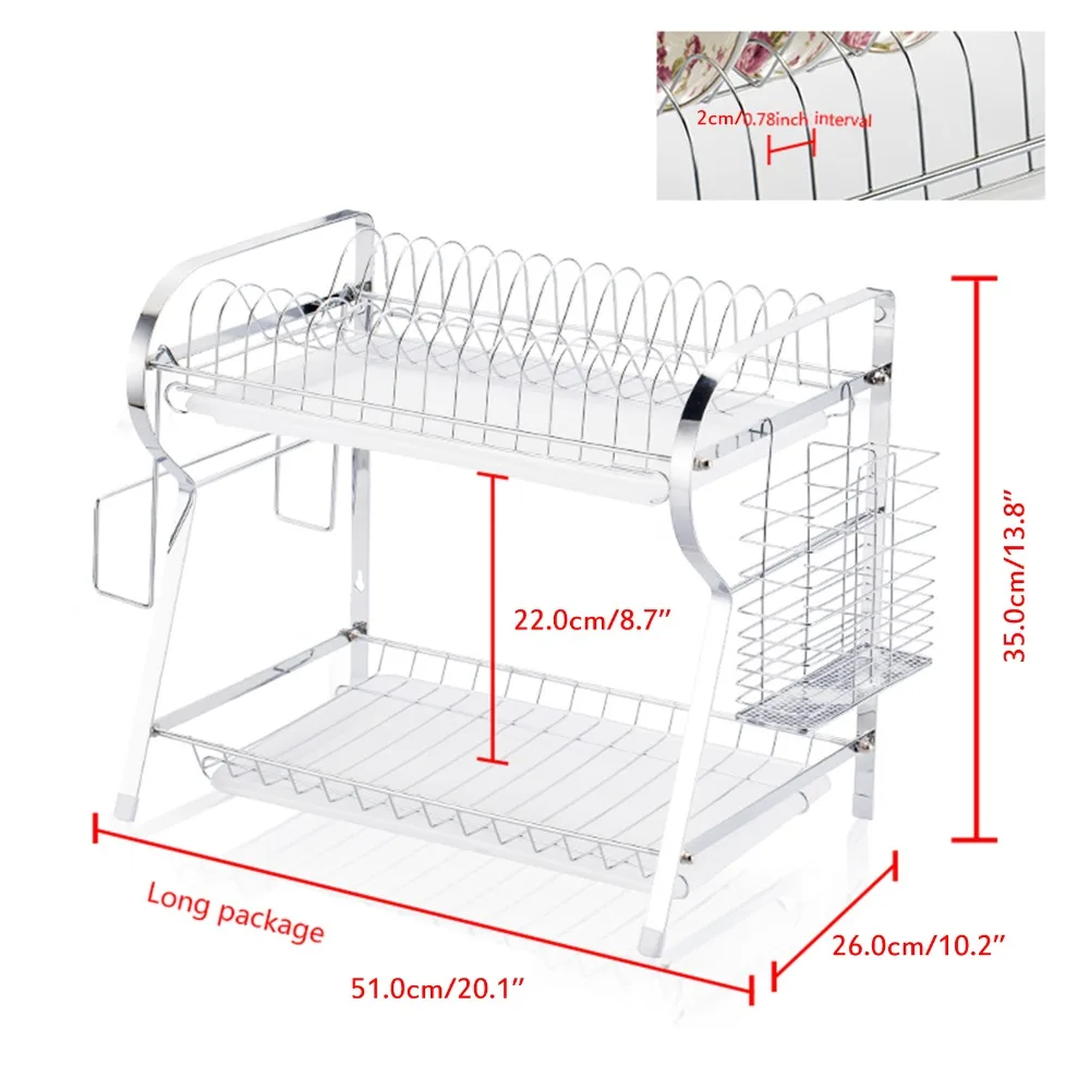 Plate-Dish-Rack-2-Tier-R-Shaped-Chrome-Stainless-Drain-Board-Drying-Drainer-Kitchen-Accessories-Organizer