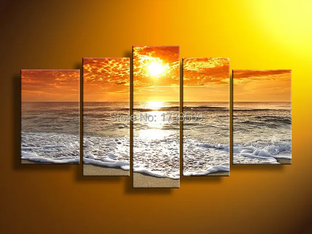 5 Panel Wall Art Picture Modern Home Decoration Canvas Print Orange 5 Panel Wall Art Picture Modern Home Decoration Canvas Print Orange Sunset Wave Painting Printed On For Living Room F0192
