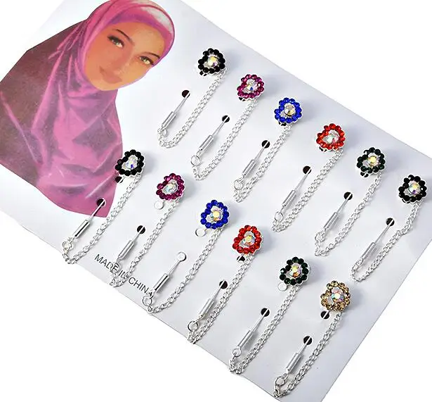 Hijab Pins Brooches Wholesale 12PCS Flower Crystal Muslim For Women