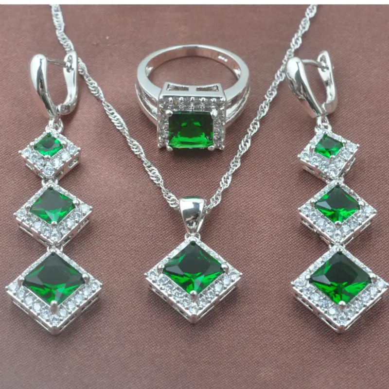 

Square Design Green Stone Zirconia Women's 925 Silver Jewelry Sets Necklace Pendant Earrings Rings Free Shipping TZ0201