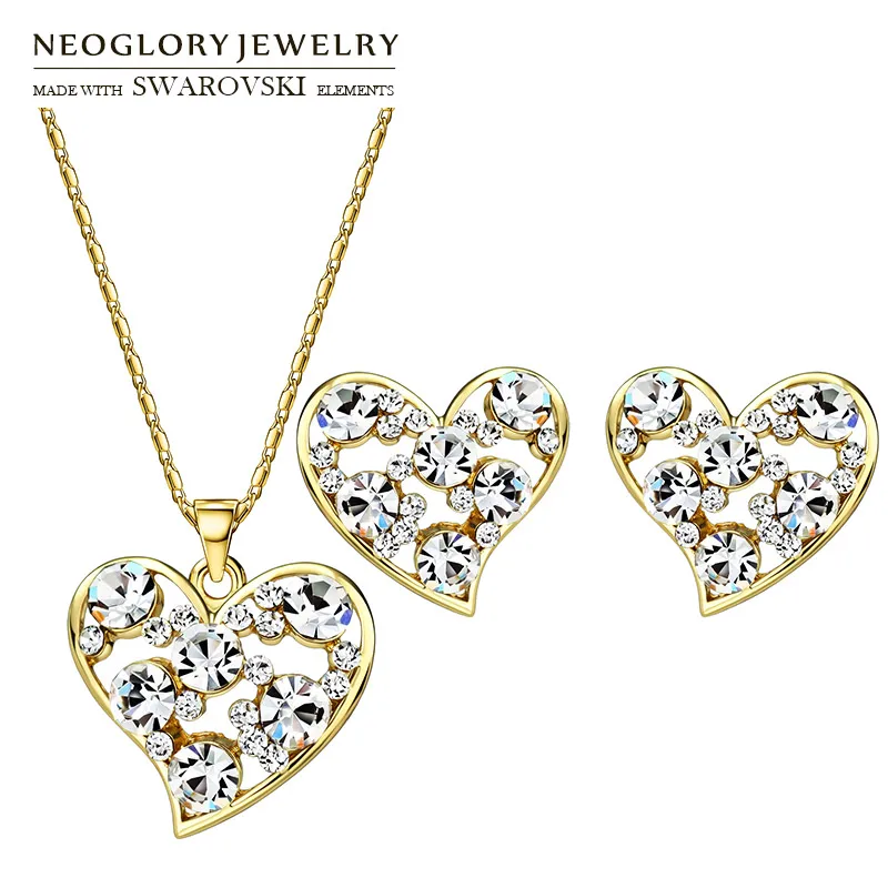 

Neoglory Austria Rhinestone Jewelry Set Romantic Heart Style Light Yellow Gold Color Necklace & Earrings For Lady Exquisite Sale