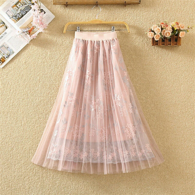 

New Fashion Women Sweet Floral Tulle Pleated Skirts Summer Elastic Waist Loose Tutu Skirts Lady Chic Party Gown Maxi Skirt 2019