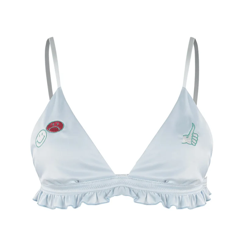 

Woman sexy Bra Underwear Female Fashion slim embroidery smile face triangle cup thin fabric S M L XL XXL bra 3 colors