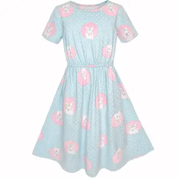 

Girls Dress Blue Dot Rabbit Bunny Knitted Cotton Sundress 2020 Summer Princess Wedding Party Dresses Size 4-12 Carnival Vestidos