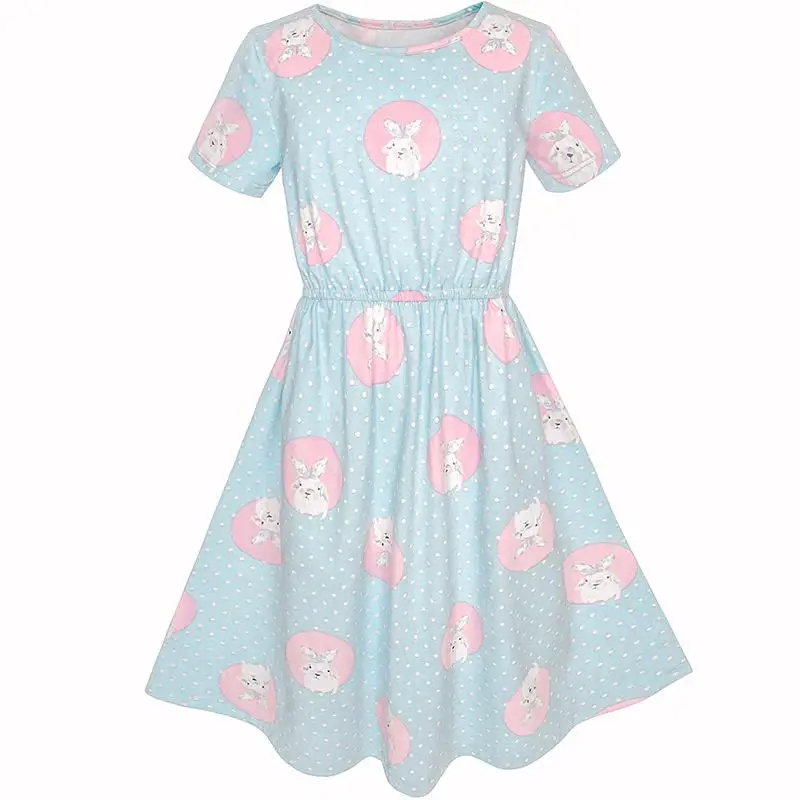 Sunny Fashion платья для девочек Синий Точка Кролик трикотажный Хлопок Sundress 2020 Лето