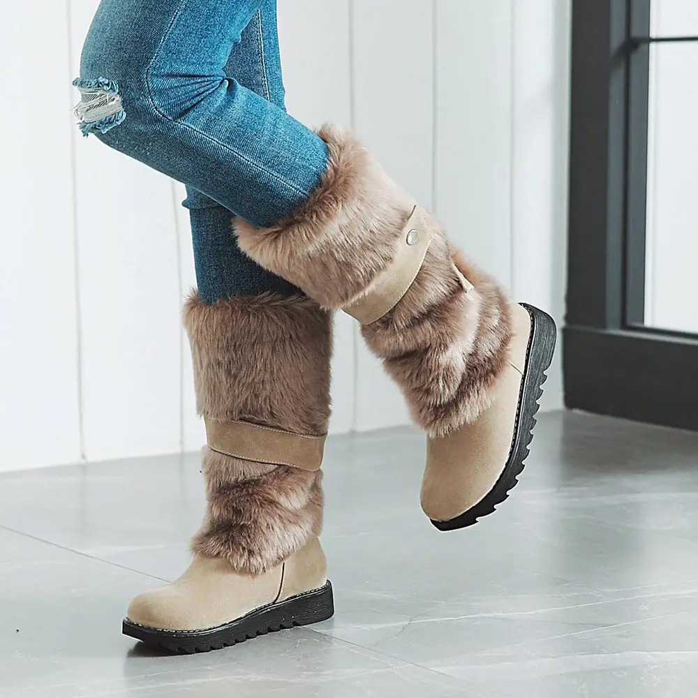 Sgesvier/новые модные сапоги до середины икры женские теплые зимние сапоги с круглым носком удобная обувь на платформе без застежки женская обувь B697