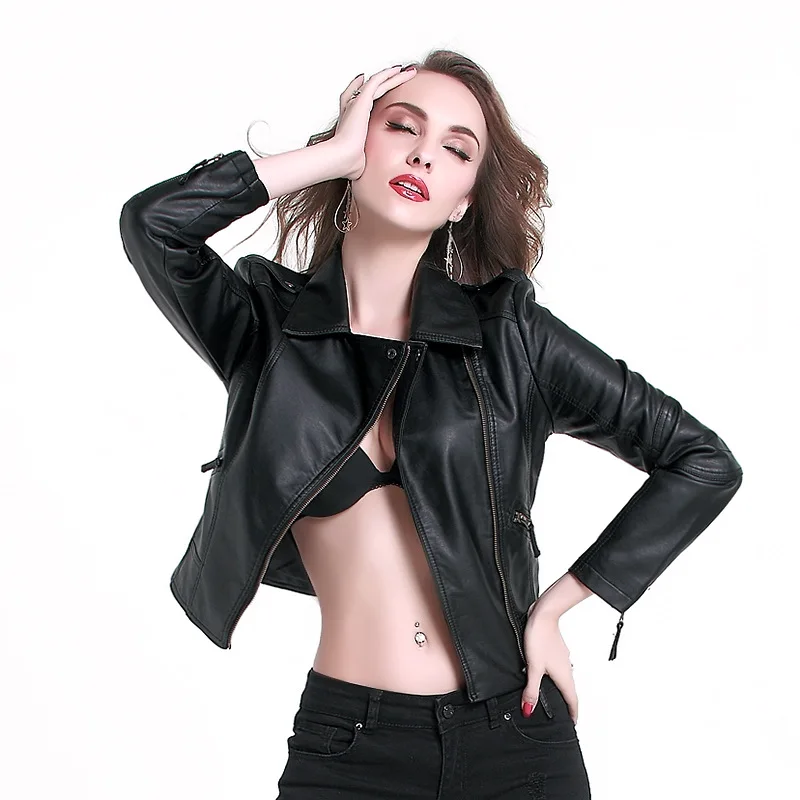 Vintage PU Leather Jacket Women Slim Biker Motorcycle Soft