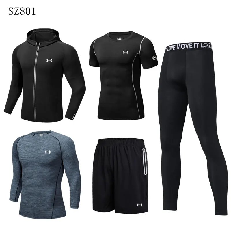 Hot Sale Under Armour Men Gym Clothing Male outdoor training Running Sets Fast drying Running Sport Suit 5 pieces Size M-4XL