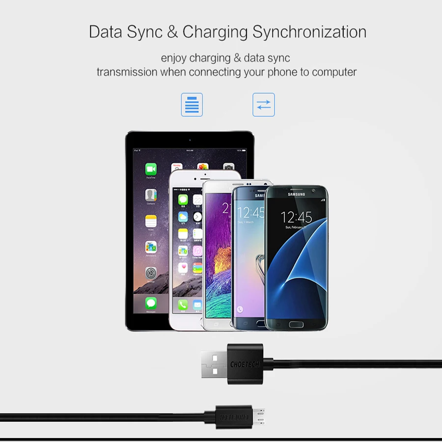 الأصلي المصغّر Usb كابلات CHOETECH Usb 2.0 سريع شحن البيانات كابل الشاحن 1 M 0.5 M ل Xiaomi huawei مايكرو الهاتف المحمول كابل