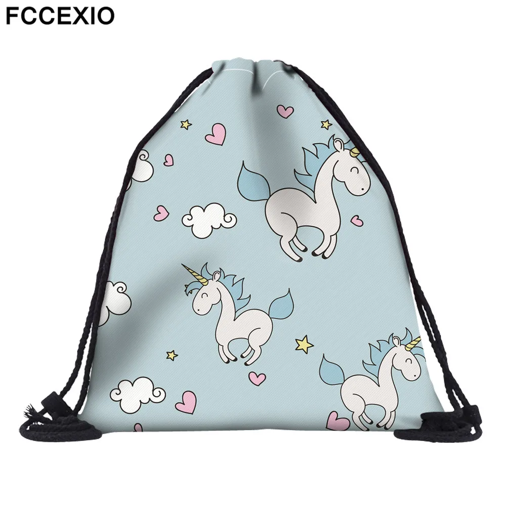 

FCCEXIO New Fashion Women Blue Unicorn Backpack 3D Printed Travel Soft back Drawstring Bag School Feminina Girls Backpacks