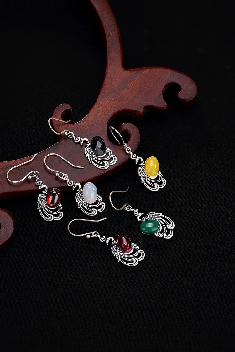 Uglyless Ethnic Thai Silver Peacock Earrings for Women Handmade Real Solid 925 Silver Phoenix Earrings Chalcedony Fine Jewelry