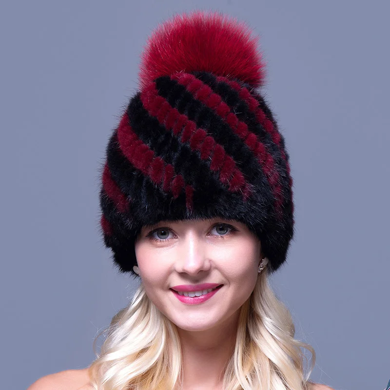 Бренд dreamtach Женская Настоящая норковая шапка Skullies Beanies помпон из лисьего меха однотонные теплые толстые зимние милые головные уборы для леди - Цвет: AB35HXM166RedBlack